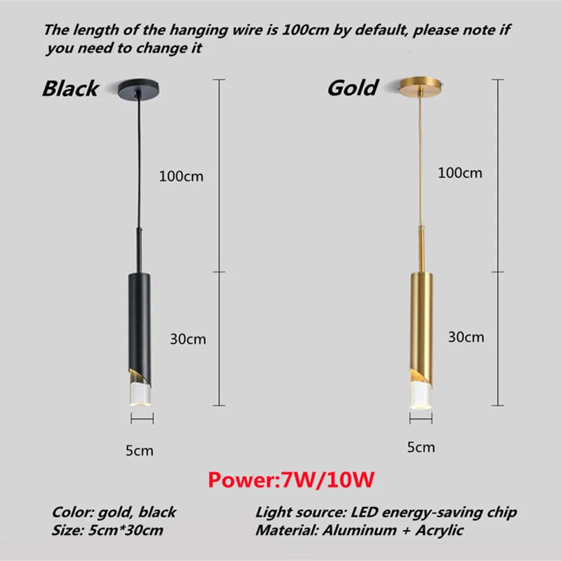 Suspension tube LED noir ou doré, 5 x 30 cm, variateur en option