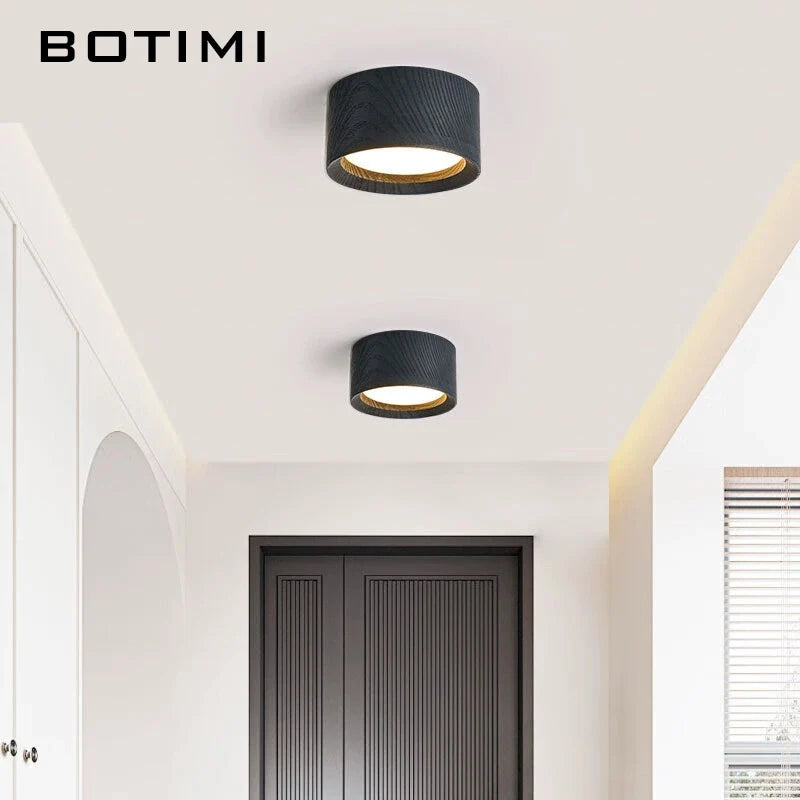 Petit plafonnier LED rond en bois, noir ou naturel, Ø 9,5 cm
