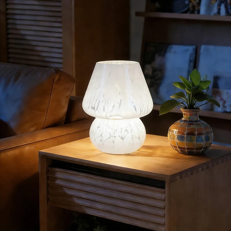 Lampe champignon en verre moucheté, USB, trois teintes, 18 cm