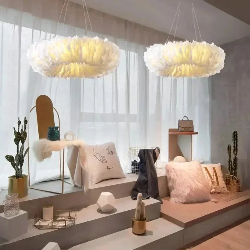 Lustre en plumes blanches sur filins, Ø 50 à 80 cm, LED E27
