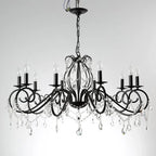 Lustre noir en fer à 8 bras en volutes et pampilles facettées