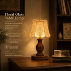 Lampe de chevet vintage sans fil, abat-jour en verre ciselé floral