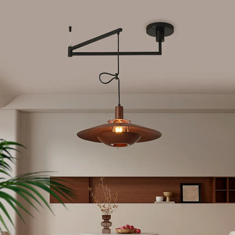 Suspension déportée soucoupe effet bois et bras noir, Ø 40 cm