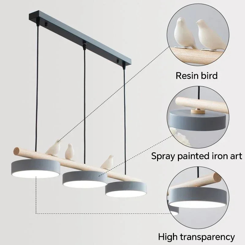 Lustre en bois à oiseaux et têtes LED colorées, couronne ou barre