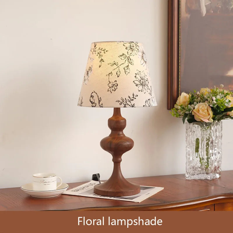Lampe de chevet rétro en bois tourné, abat-jour fleuri, E27