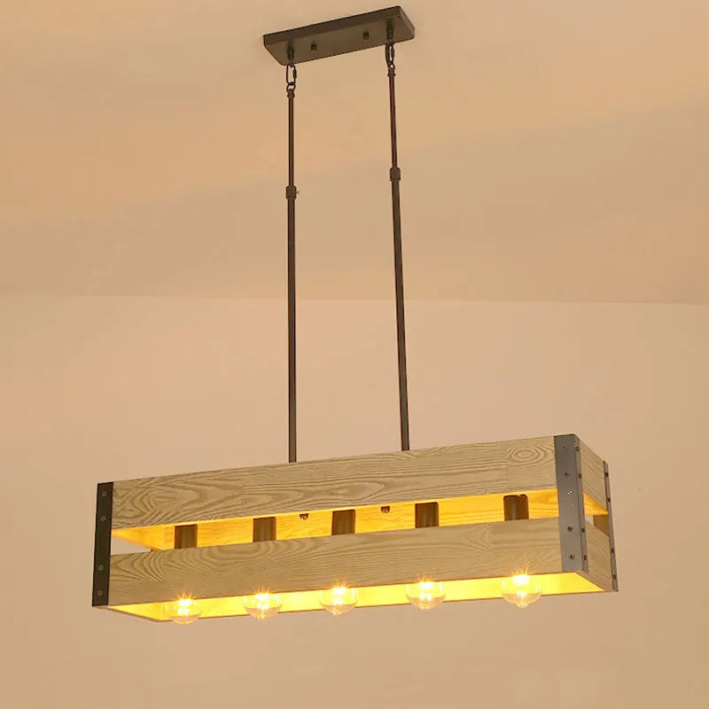 Lustre caisse rectangulaire en bois de 80 cm, 5 douilles E27
