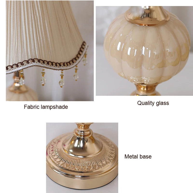 Lampe de chevet rétro, abat-jour festonné en tissu et pied doré, 42 cm