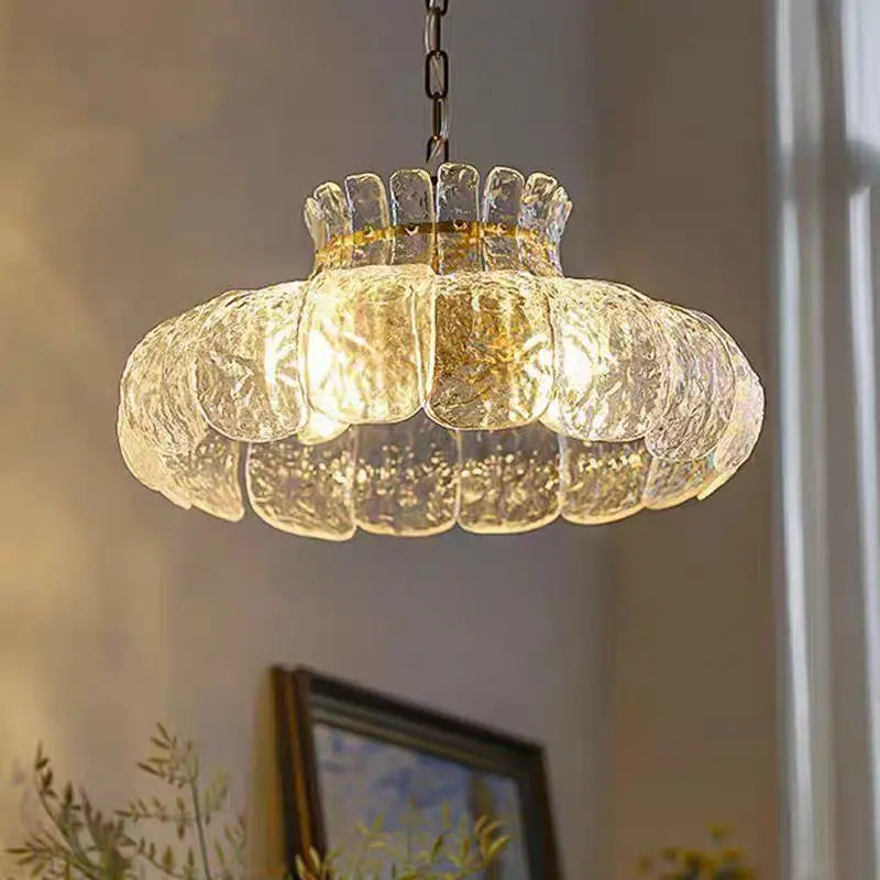 Suspension verre effet glace fondue, cerclage doré, Ø 40 ou 50 cm
