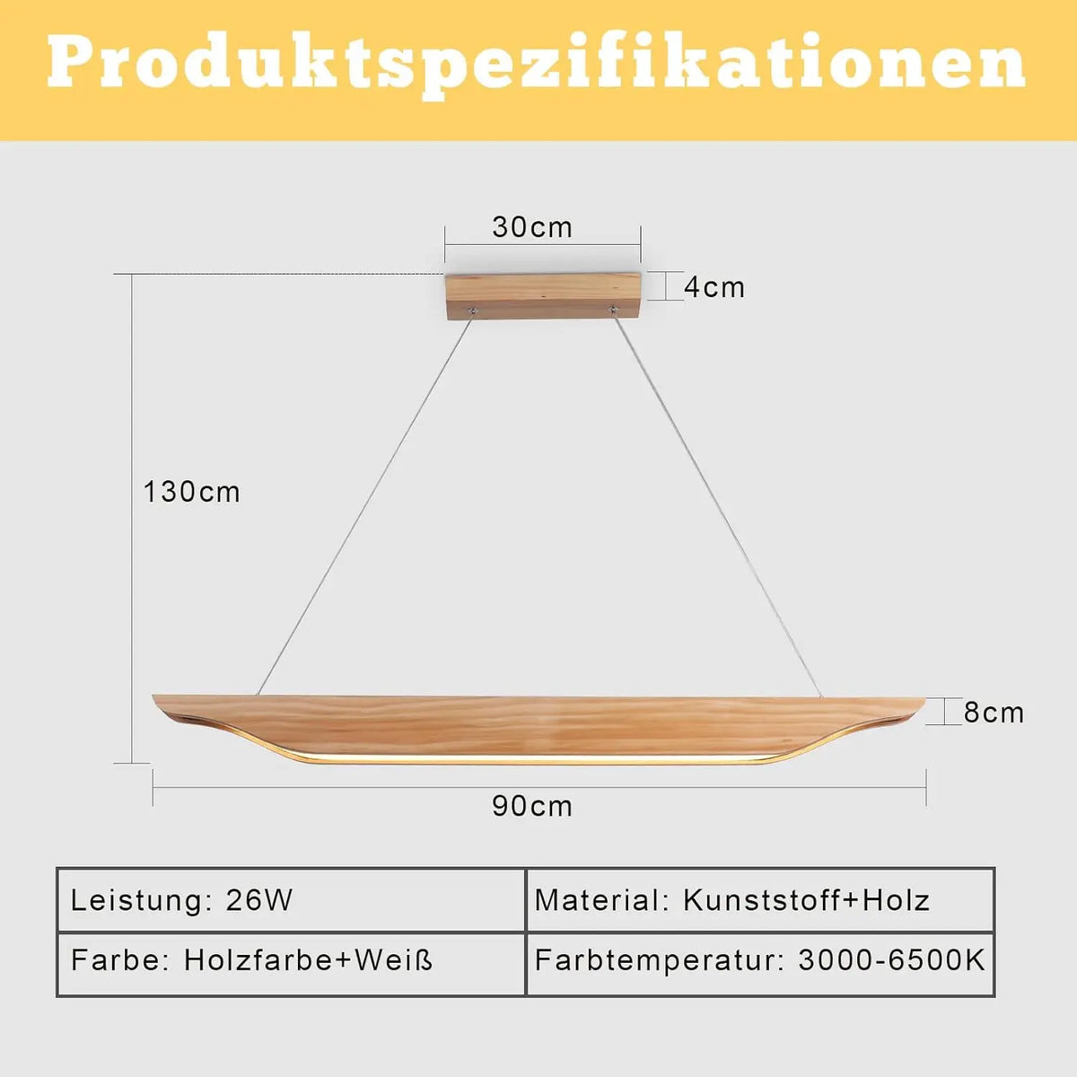 Suspension linéaire en bois LED 90 cm, lumière et intensité réglables