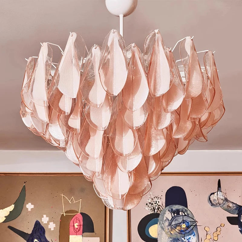 Lustre en pétales de verre teinté rose ou vert