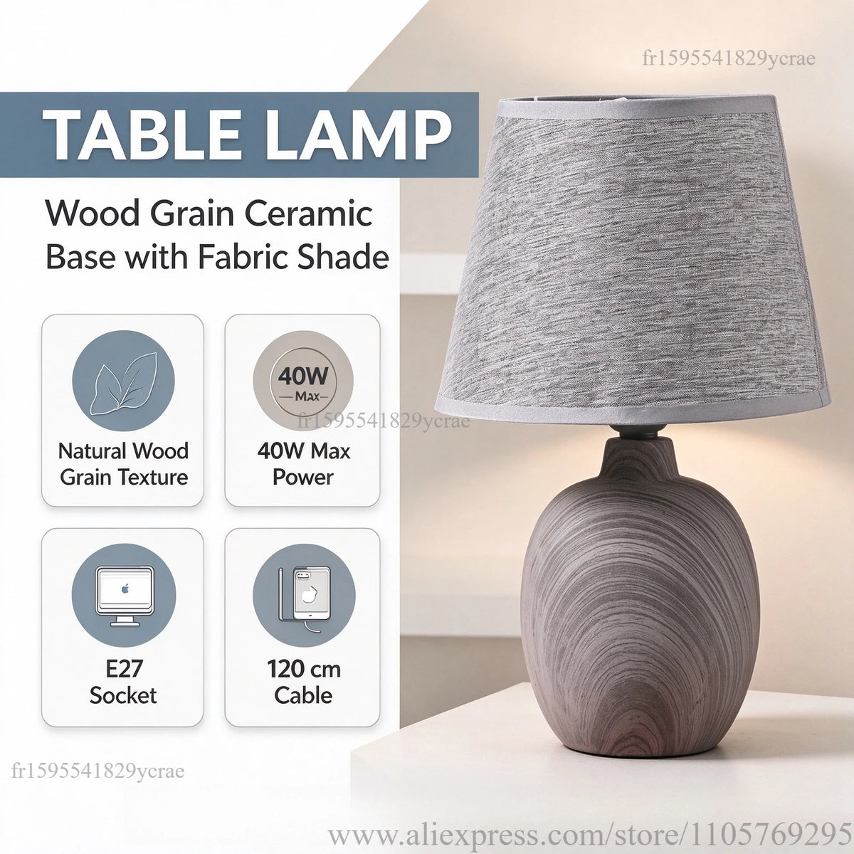 Petite lampe de chevet en céramique effet bois, abat-jour gris