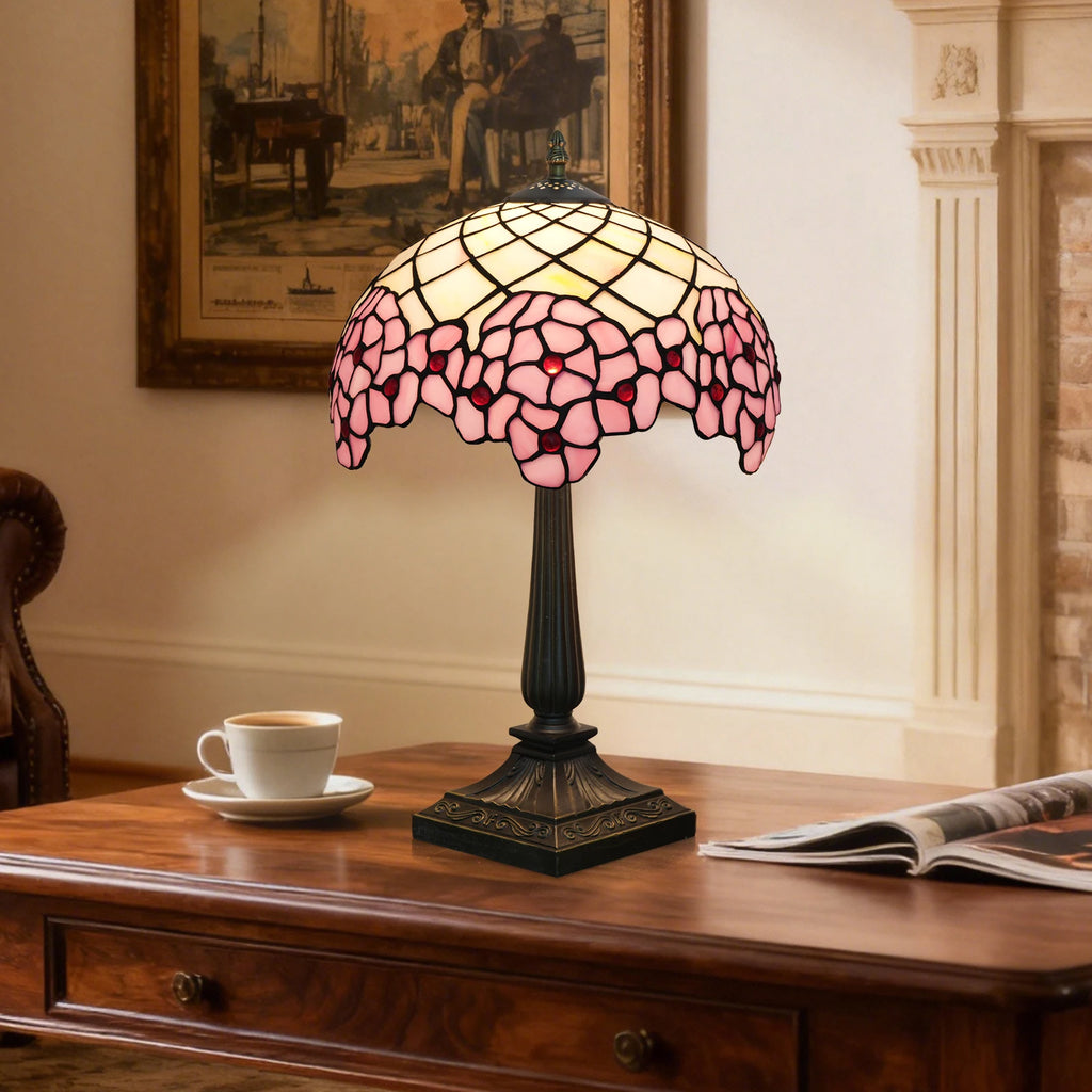 Lampe de chevet Tiffany en vitrail rose à fleurs de cerisier, 49 cm