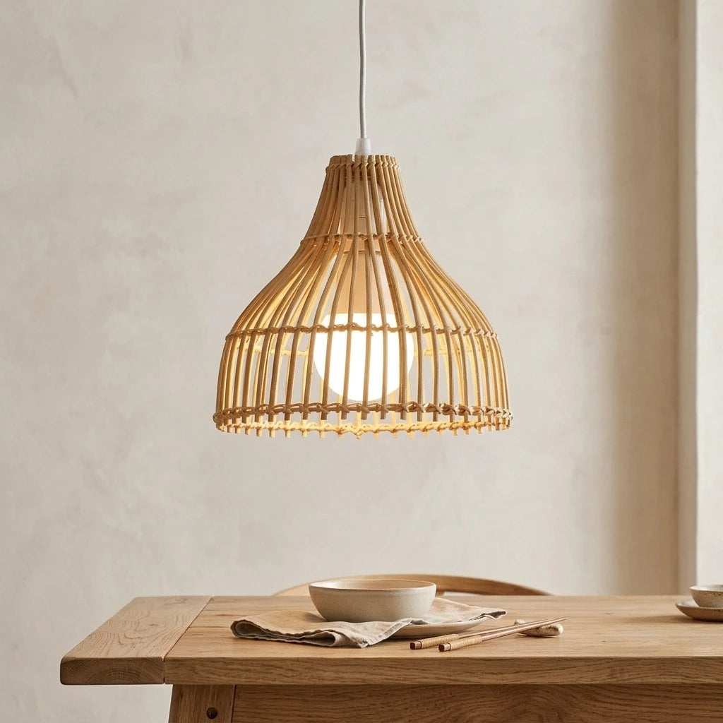 Petite suspension cloche en rotin pour îlot de cuisine