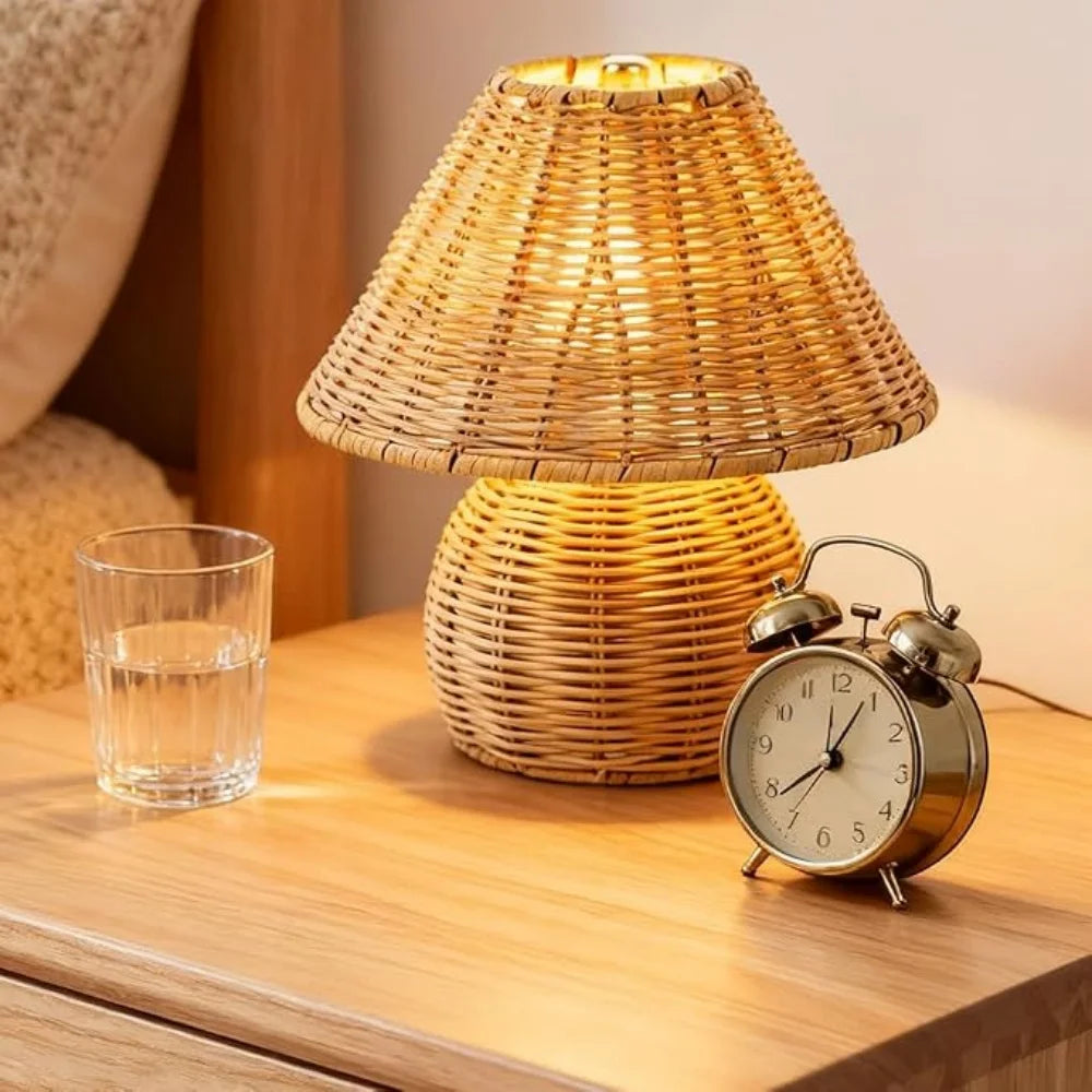 Lampe champignon en rotin tressé couleur miel