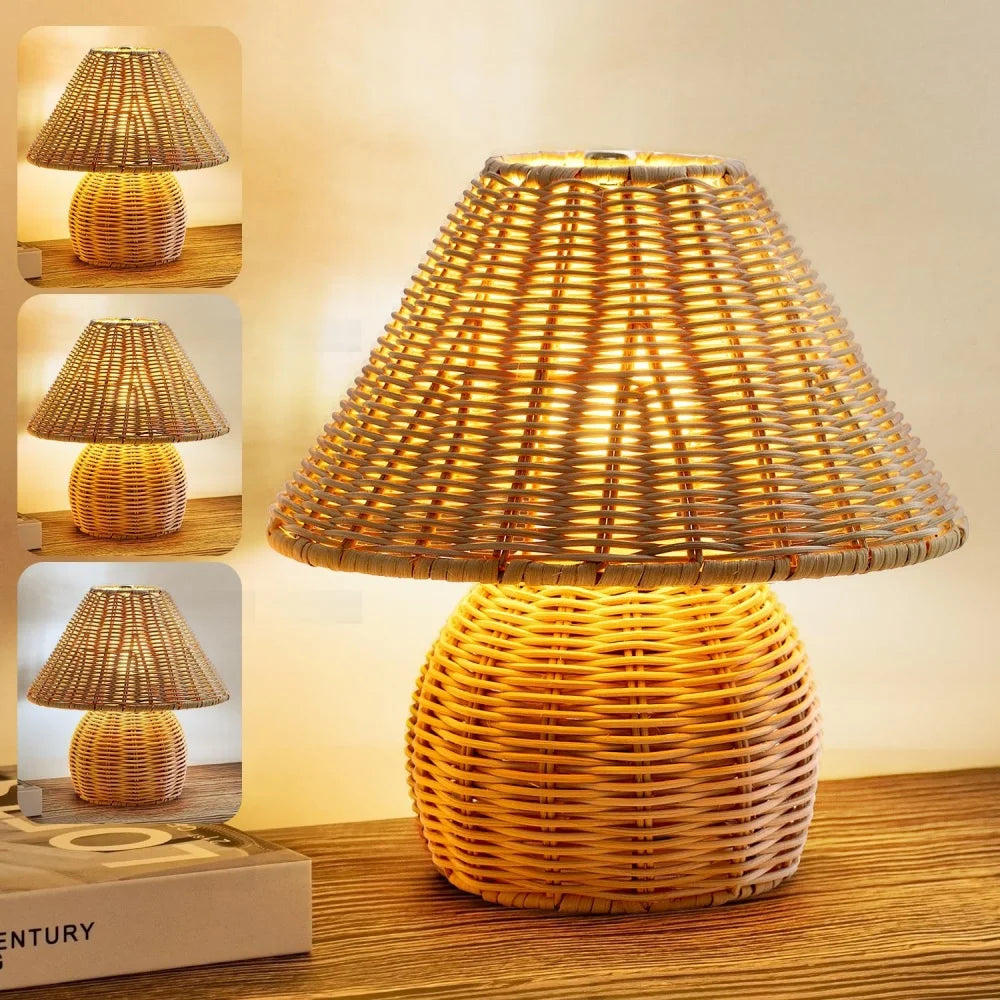 Lampe de chevet champignon en rotin tressé, abat-jour de 23 cm