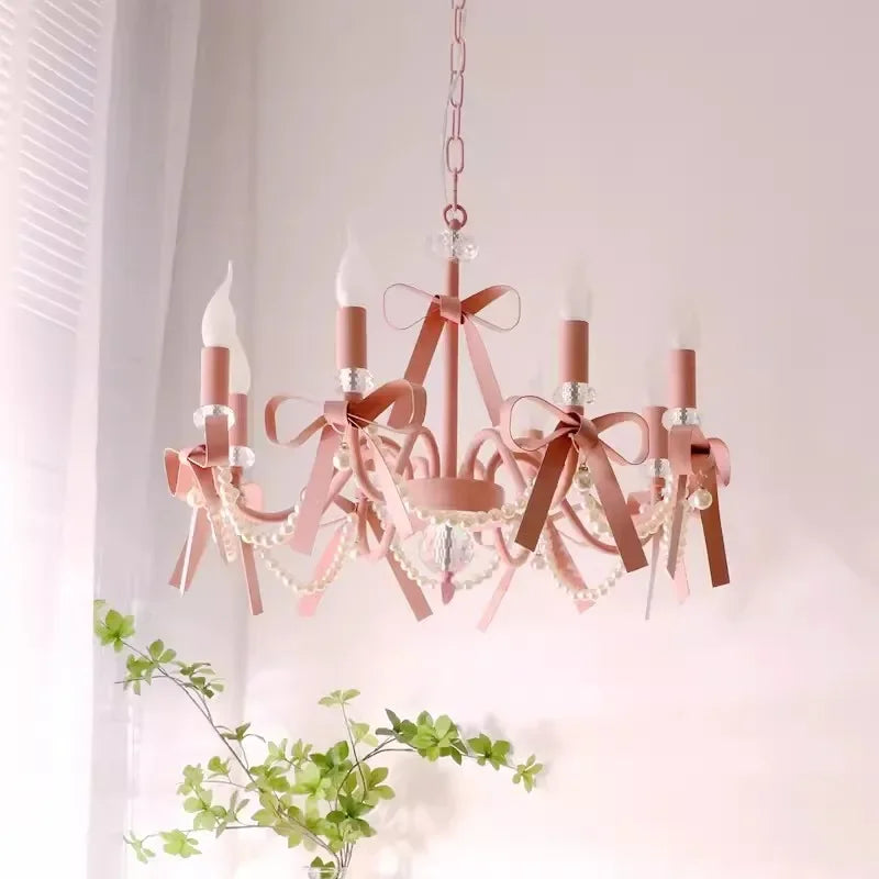 Lustre rose à nœuds et perles pour chambre de fille, 3 à 8 bougies