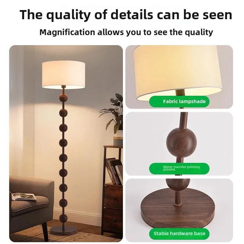 Lampadaire rétro à tige en perles effet bois et abat-jour en tissu