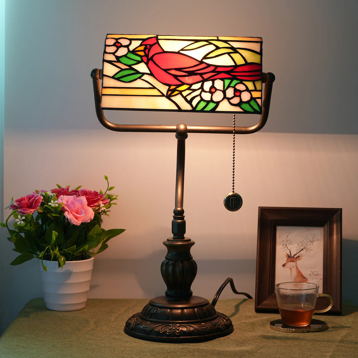 Lampe de banquier vintage en vitrail, abat-jour basculant à tirette