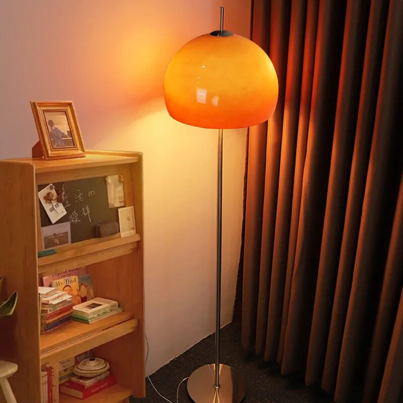 Lampadaire dôme en verre orange, tige chromée, style années 70
