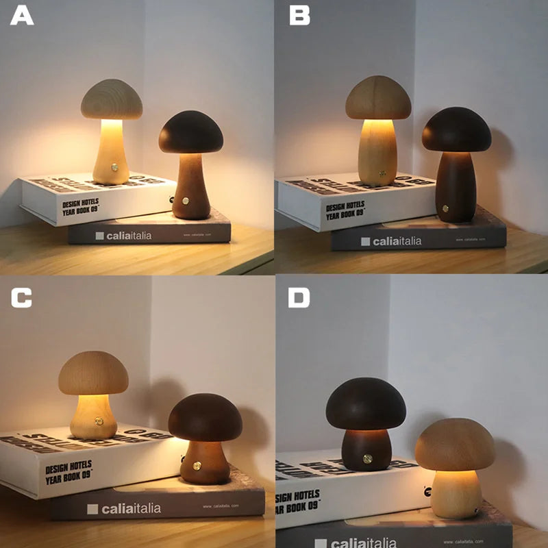 Lampe de chevet champignon en bois tactile, 10,5 ou 16,5 cm, USB