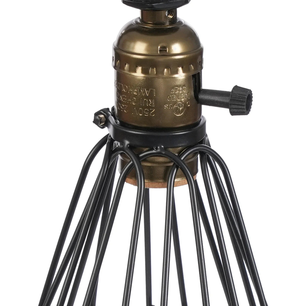 Lampe à poser industrielle en tuyaux de fer noir, cage et socle bois