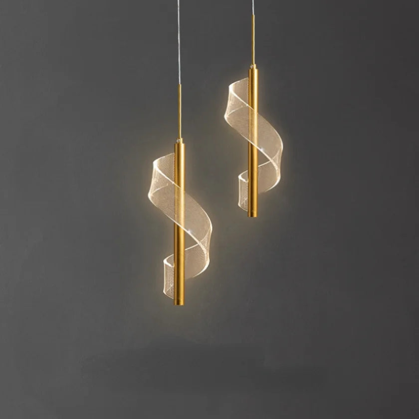 Suspension LED spirale acrylique sur tube 30 cm, dorée ou noire