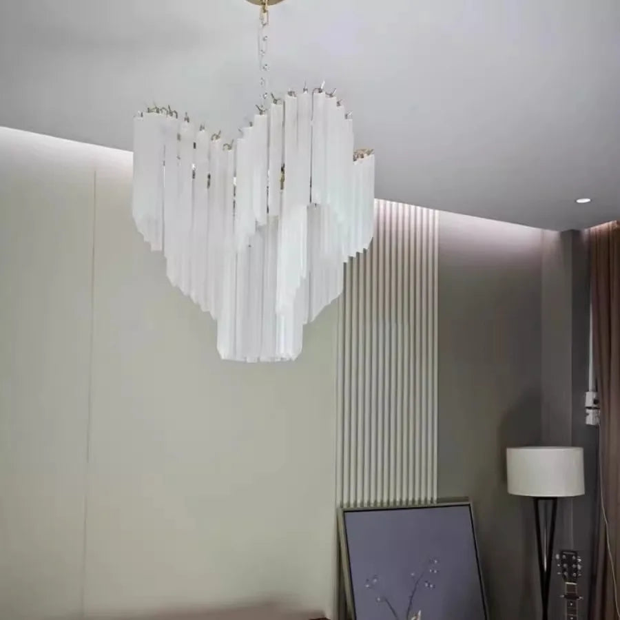 Lustre à étages en baguettes de verre dépoli, doré ou chromé, E14