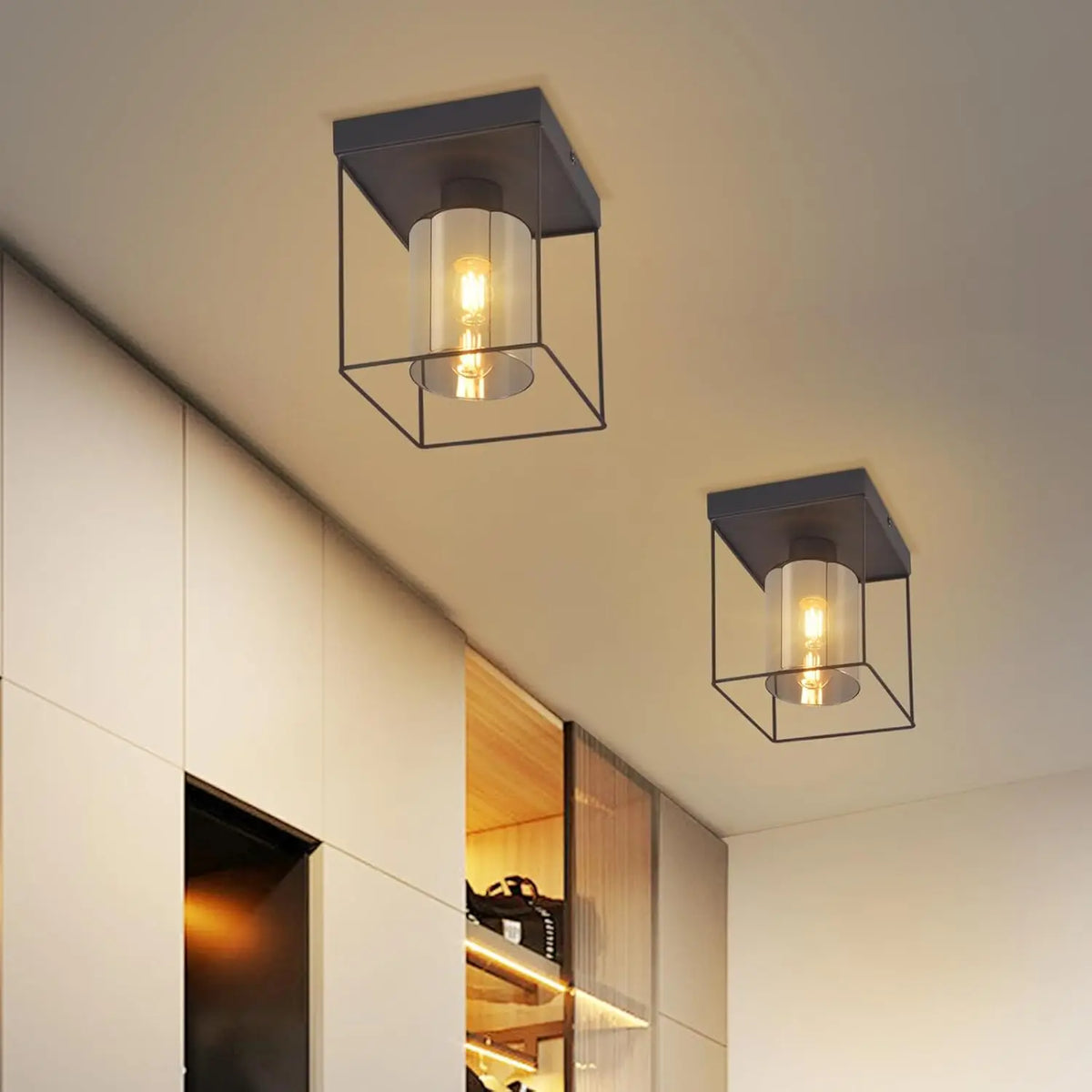 Plafonnier cage noire et cylindre en verre fumé, E27, 1 ou 4 lumières