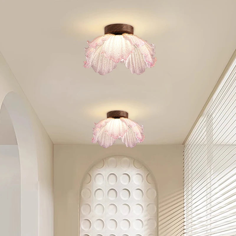 Suspension fleur de lotus en verre rose texturé, LED trois teintes