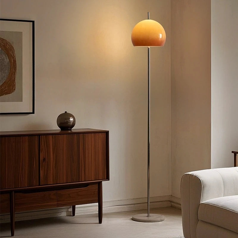 Lampadaire dôme en verre orange, tige chromée, style années 70