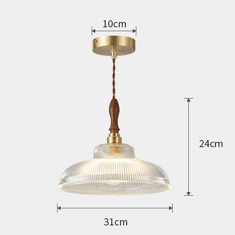 Suspension en verre strié, douille laiton et col en noyer, E27