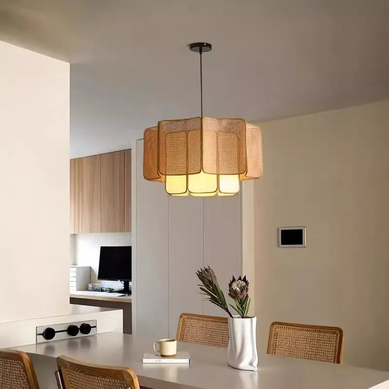 Suspension octogonale en cannage de rotin et tissu, Ø 40 ou 50 cm