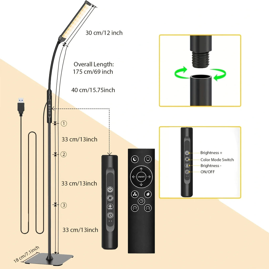 Lampadaire liseuse LED à col de cygne, 3000-6000K, alimenté par USB