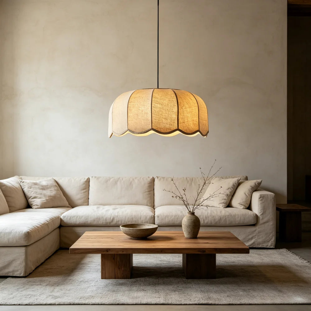 Suspension en lin à abat-jour festonné, Ø 45 ou 60 cm, douille E27