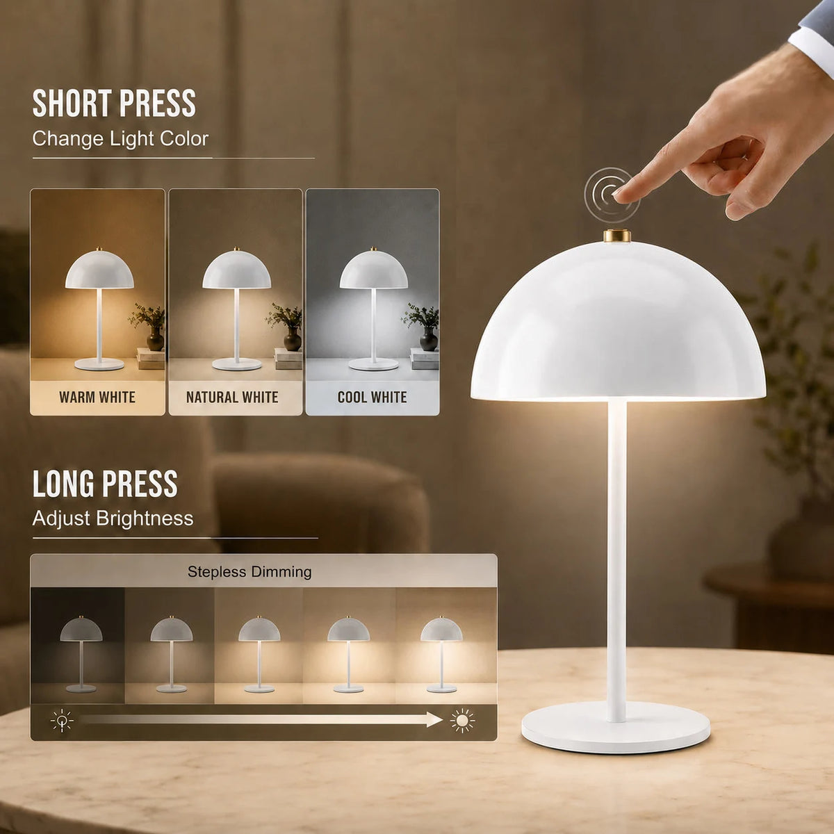 Lampe champignon sans fil à dôme laqué, tactile, cinq coloris