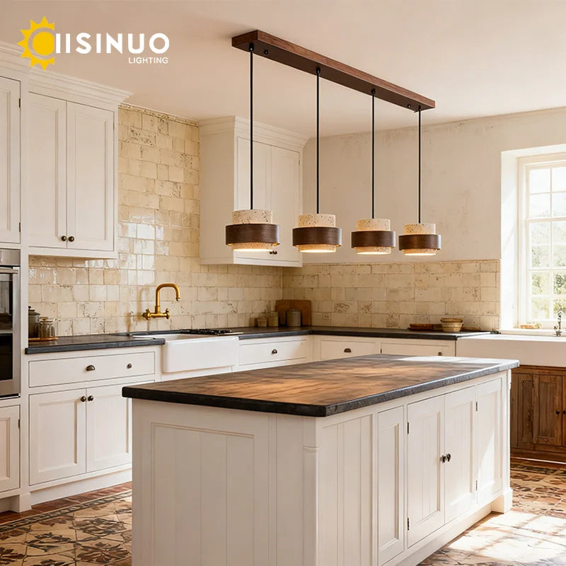 Lustre pierre et bois pour îlot de cuisine