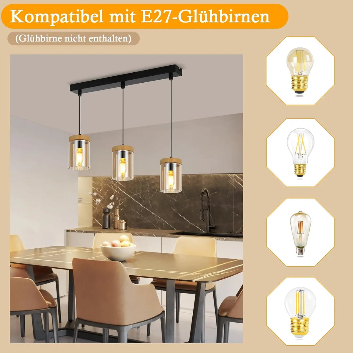 Suspension en verre ambré et coiffe effet bois, 1 ou 3 lumières