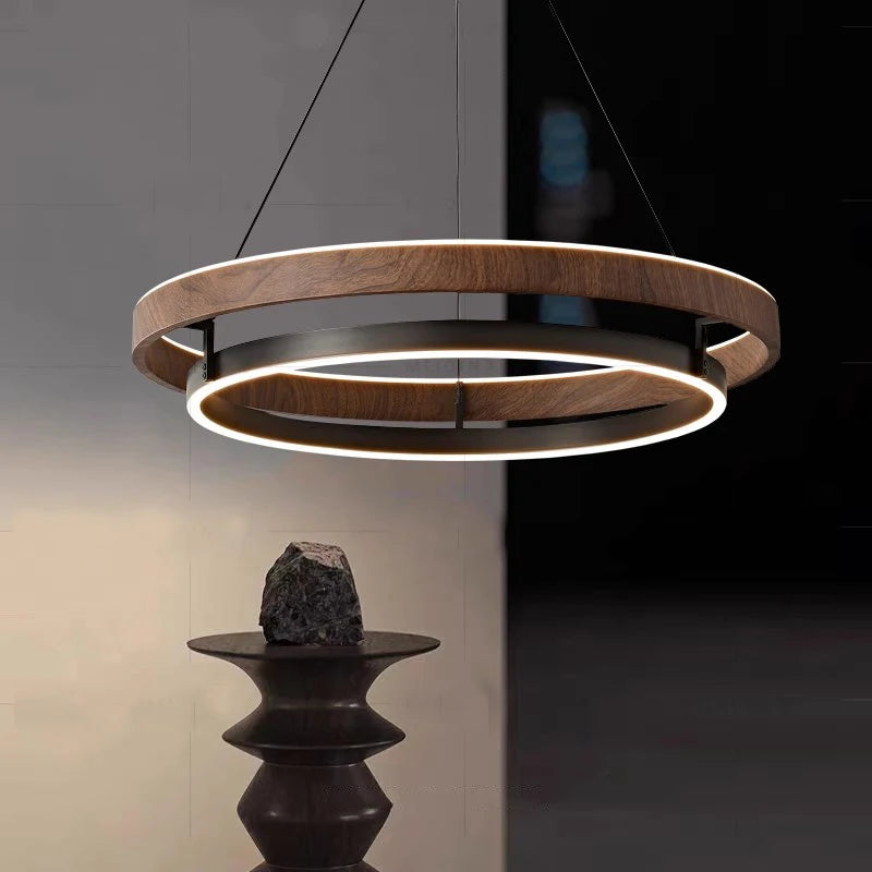 Suspension double anneau LED effet noyer, Ø 60 ou 80 cm