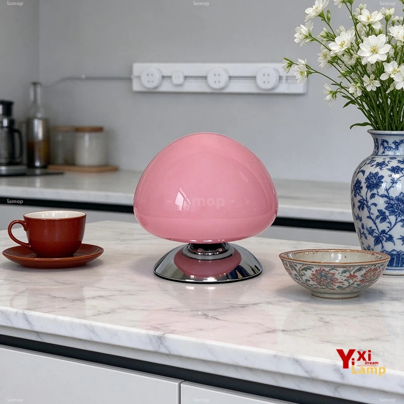 Lampe champignon en verre coloré sur socle chromé, câble USB