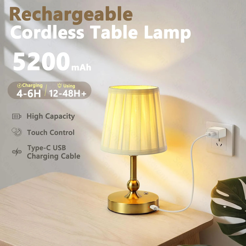 Lampe de chevet sans fil dorée à abat-jour plissé, ampoule E12