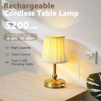 Lampe de chevet sans fil dorée à abat-jour plissé, ampoule E12