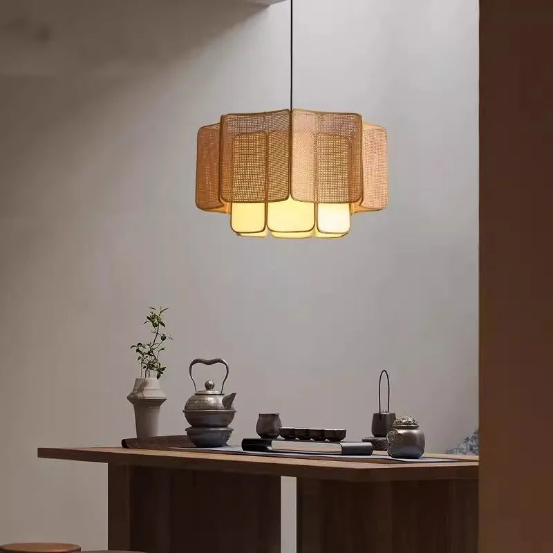 Suspension octogonale en cannage de rotin et tissu, Ø 40 ou 50 cm