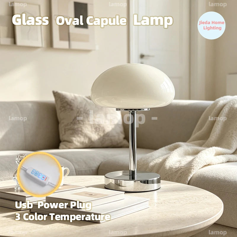 Lampe champignon en verre ovale sur tige chromée, 20 cm de diamètre