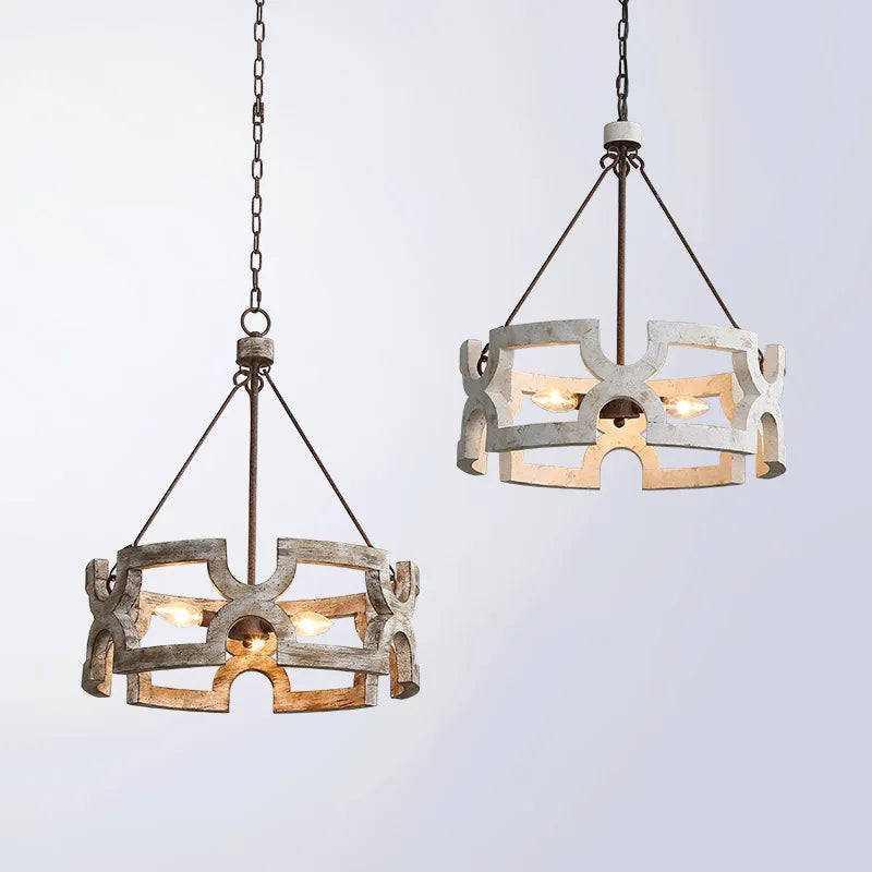 Lustre couronne en bois ajouré de 50 cm, 3 lumières E14 patinées