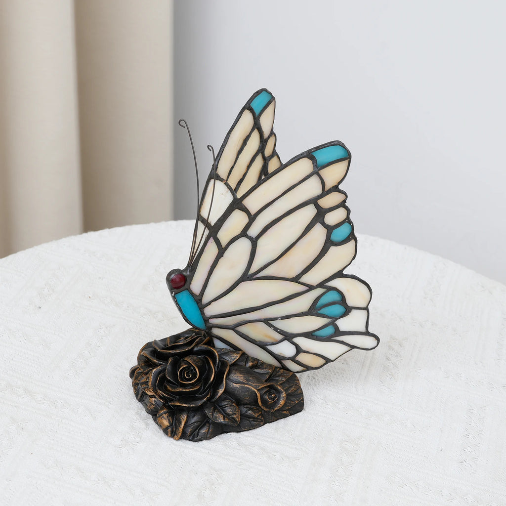 Lampe papillon style Tiffany en vitrail crème et bleu, socle à roses