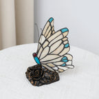 Lampe papillon style Tiffany en vitrail crème et bleu, socle à roses