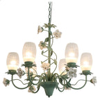 Lustre champêtre vert à fleurs en céramique et tulipes en verre