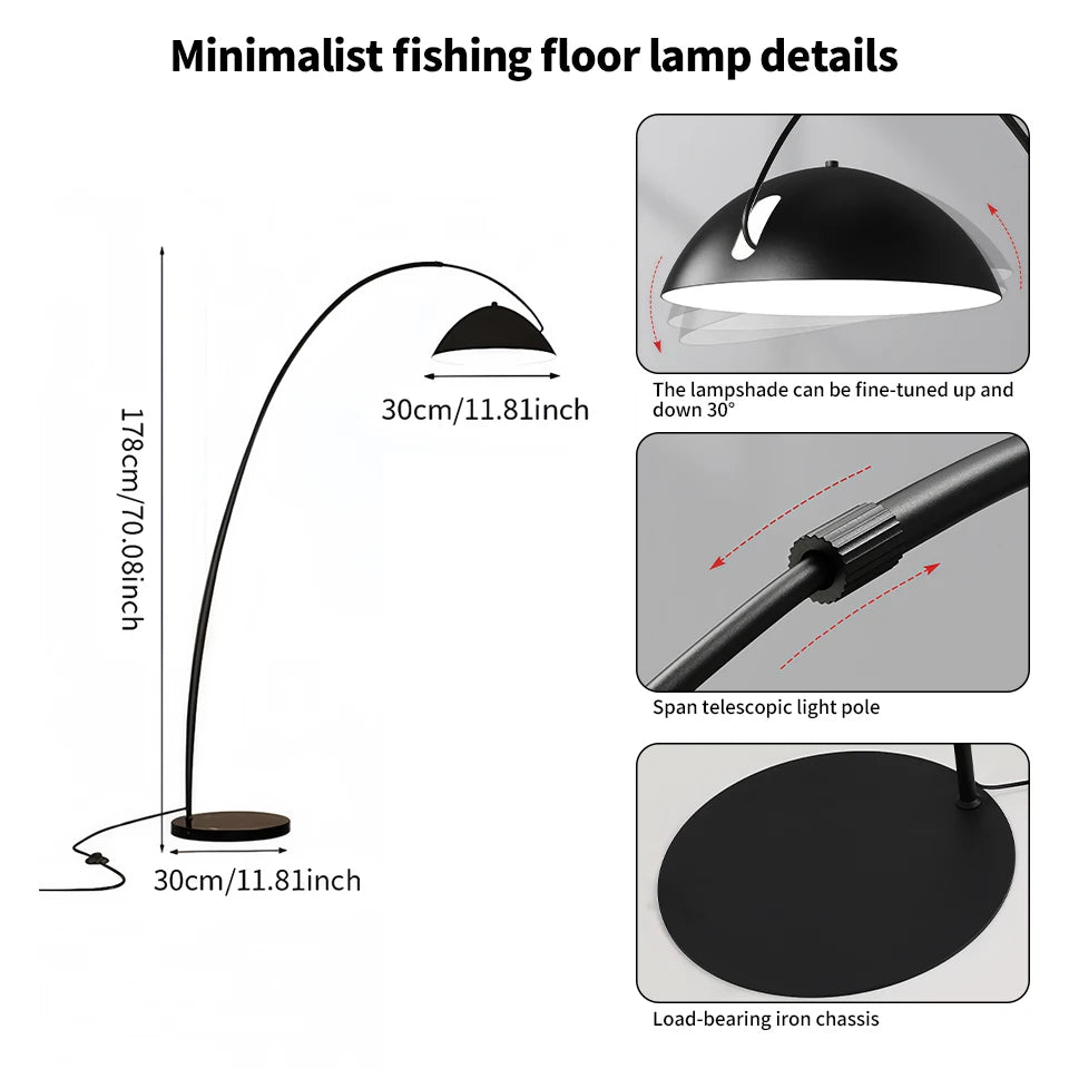 Lampadaire arc noir 185 cm, grand dôme Ø 34,5 cm et socle Ø 40