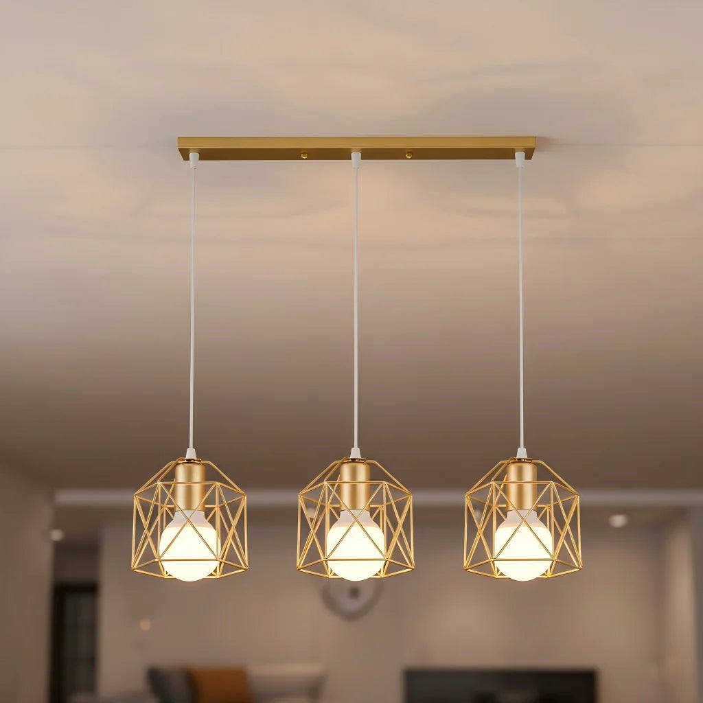 Suspension 3 lampes cages dorées, rosace ronde en cascade ou barre