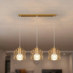 Suspension 3 lampes cages dorées, rosace ronde en cascade ou barre